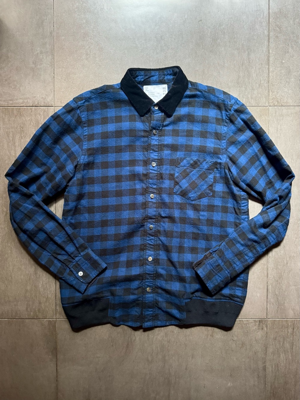 Sacai Blue & Black Checked Button-Down Flannel Hybrid Shirt, Men’s Size JP 2